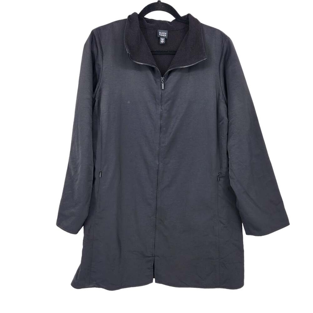 Eileen Fisher Long Black System Cotton Blend Zipper Jacket Coat Size Small